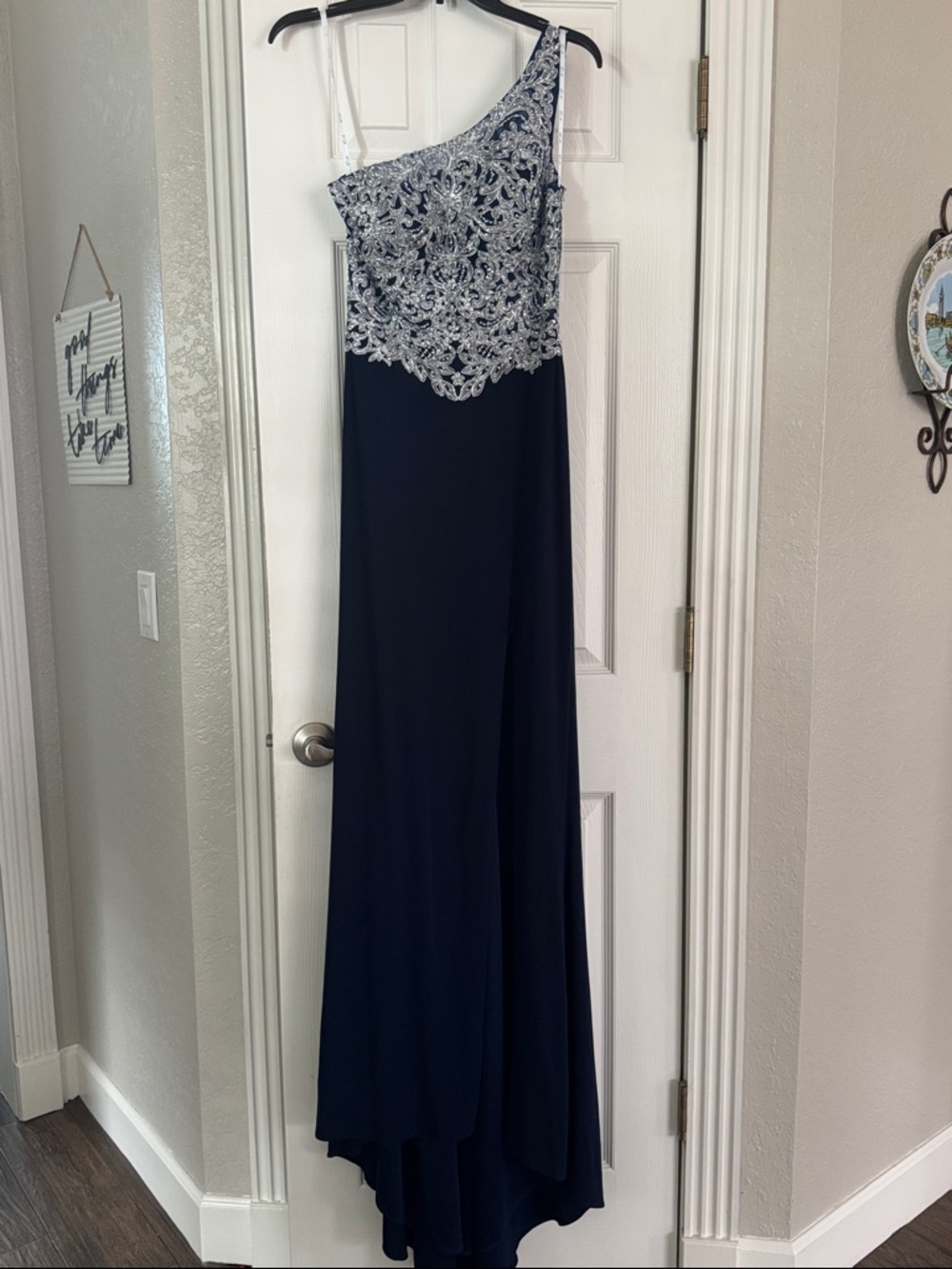 Camille La Vie Navy One-Shoulder Evening Gown with Silver Embellishment